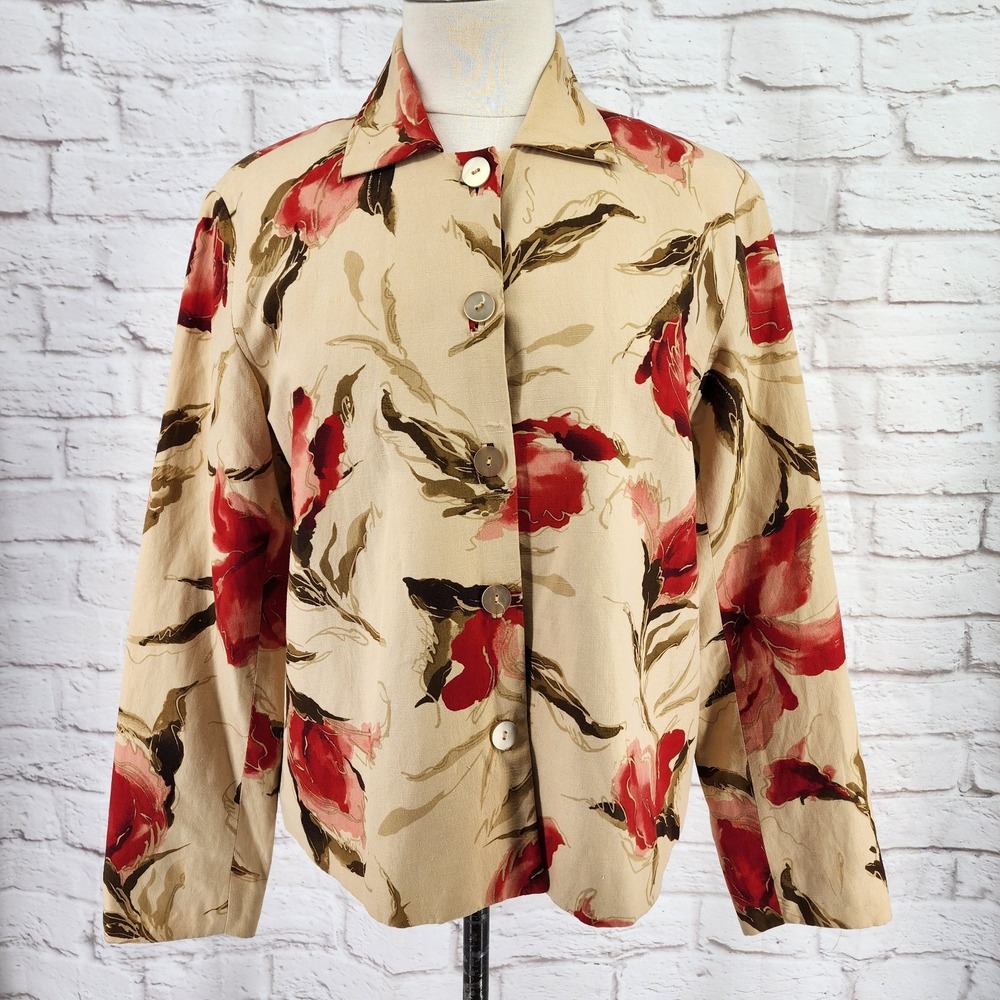 Coldwater Creek Jacket Silk Linen Cottage‎ Garden Rose Church Going Out Medium P